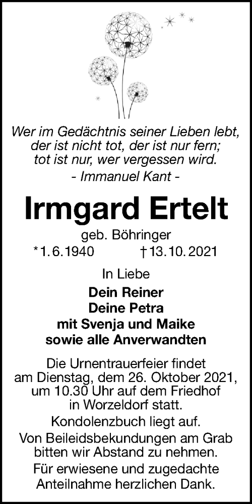  Traueranzeige für Irmgard Ertelt vom 21.10.2021 aus Gesamtausgabe Nürnberger Nachrichten/ Nürnberger Ztg.