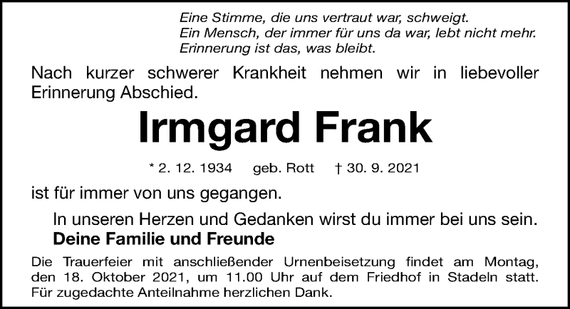  Traueranzeige für Irmgard Frank vom 13.10.2021 aus Fürther Nachrichten Lokal