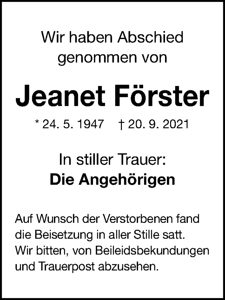  Traueranzeige für Jeanet Förster vom 13.10.2021 aus Fürther Nachrichten Lokal