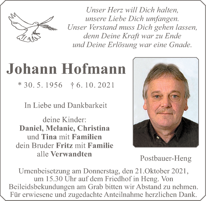  Traueranzeige für Johann Hofmann vom 19.10.2021 aus Neumarkter Nachrichten Lokal