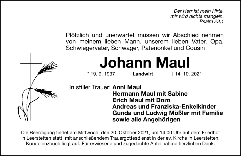  Traueranzeige für Johann Maul vom 18.10.2021 aus Schwabacher Tagblatt Lokal
