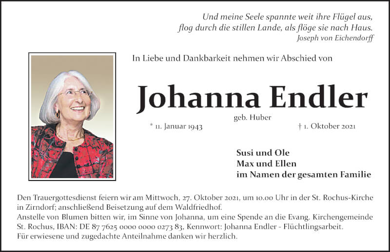  Traueranzeige für Johanna Endler vom 16.10.2021 aus Fürther Nachrichten Lokal