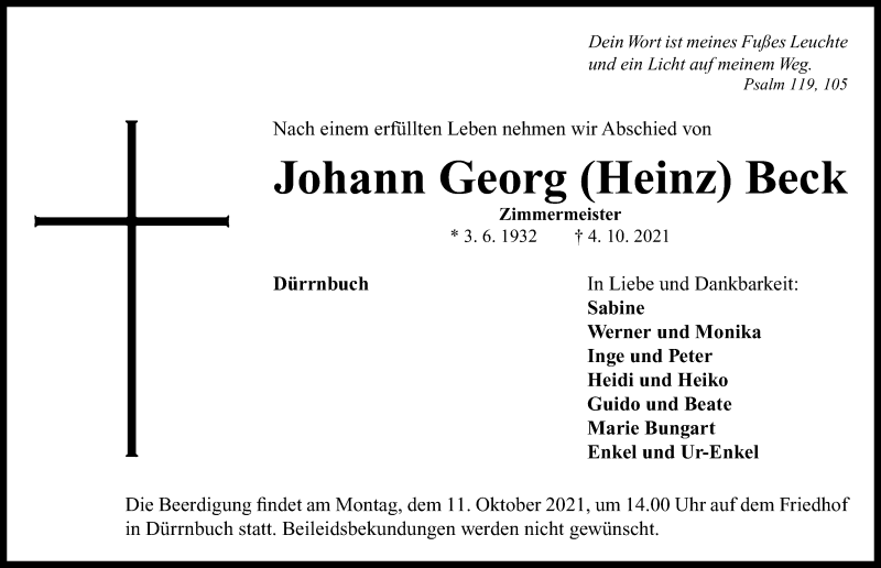  Traueranzeige für Johann Georg Beck vom 08.10.2021 aus Fürther Nachrichten Lokal