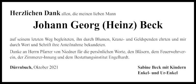  Traueranzeige für Johann Georg Beck vom 16.10.2021 aus Fürther Nachrichten Lokal