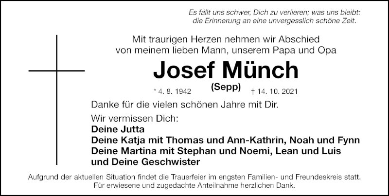  Traueranzeige für Josef Münch vom 16.10.2021 aus Gesamtausgabe Nürnberger Nachrichten/ Nürnberger Ztg.