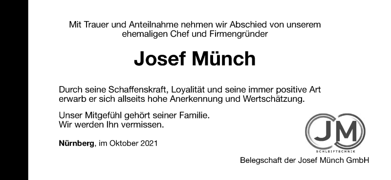  Traueranzeige für Josef Münch vom 20.10.2021 aus Gesamtausgabe Nürnberger Nachrichten/ Nürnberger Ztg.