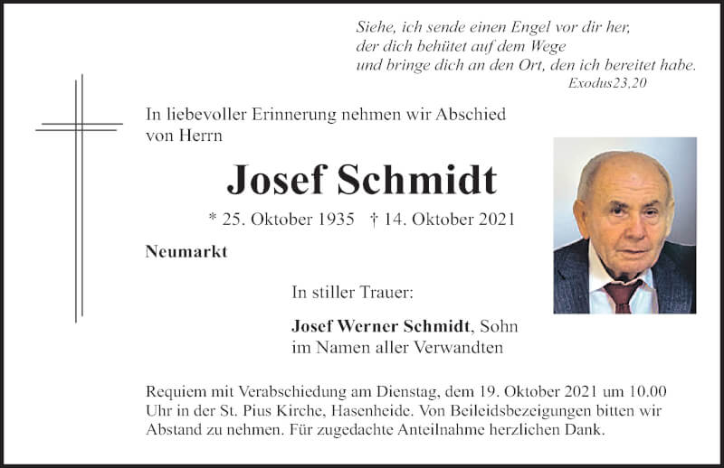  Traueranzeige für Josef Schmidt vom 16.10.2021 aus Neumarkter Nachrichten Lokal