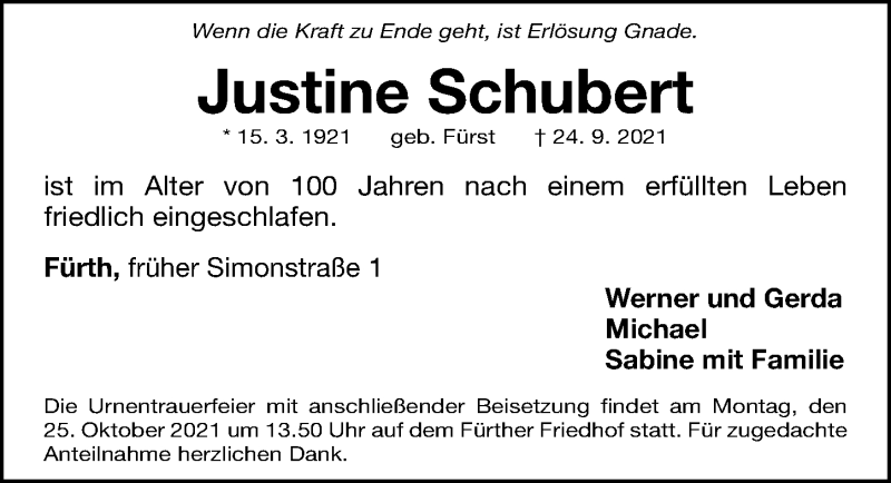  Traueranzeige für Justine Schubert vom 23.10.2021 aus Fürther Nachrichten Lokal