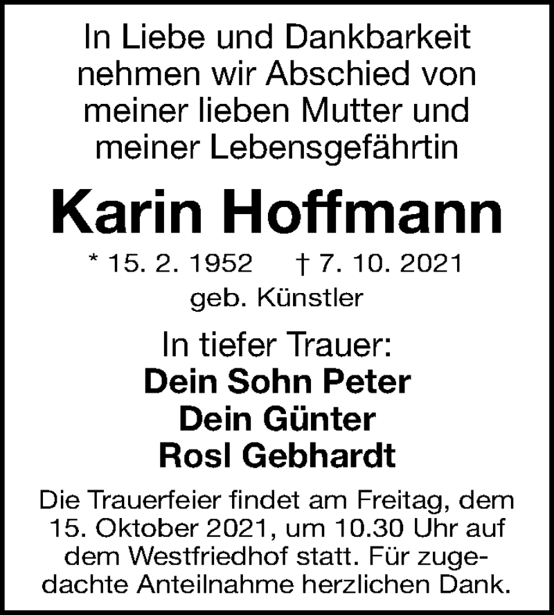  Traueranzeige für Karin Hoffmann vom 13.10.2021 aus Gesamtausgabe Nürnberger Nachrichten/ Nürnberger Ztg.