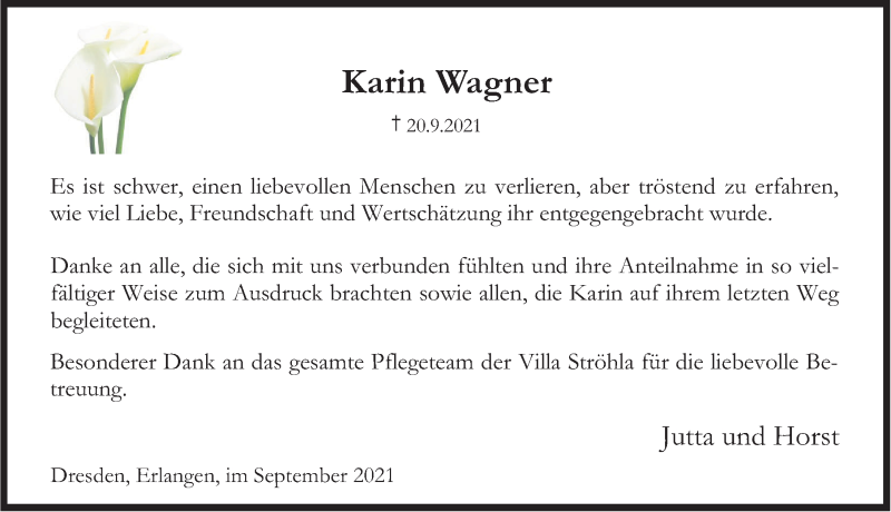  Traueranzeige für Karin Wagner vom 02.10.2021 aus Erlanger Nachrichten Lokal