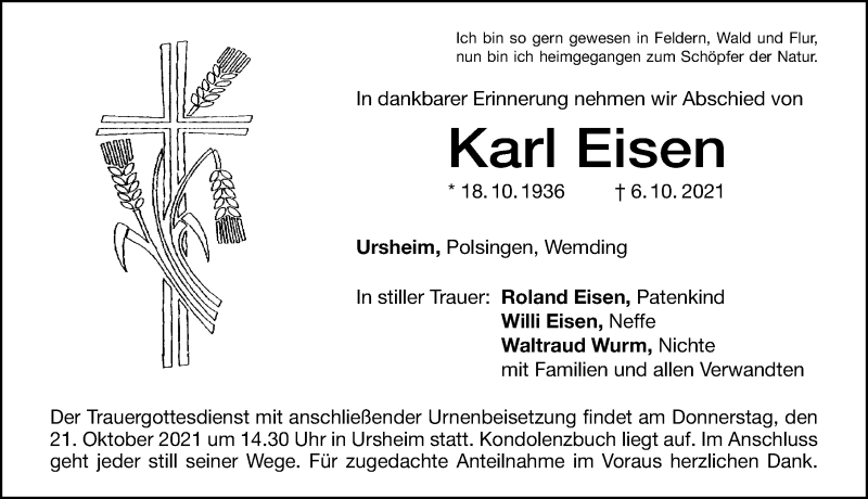  Traueranzeige für Karl Eisen vom 19.10.2021 aus Altmühl-Bote Lokal