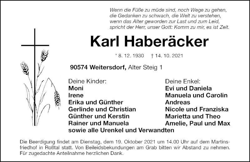  Traueranzeige für Karl Haberäcker vom 16.10.2021 aus Fürther Nachrichten Lokal