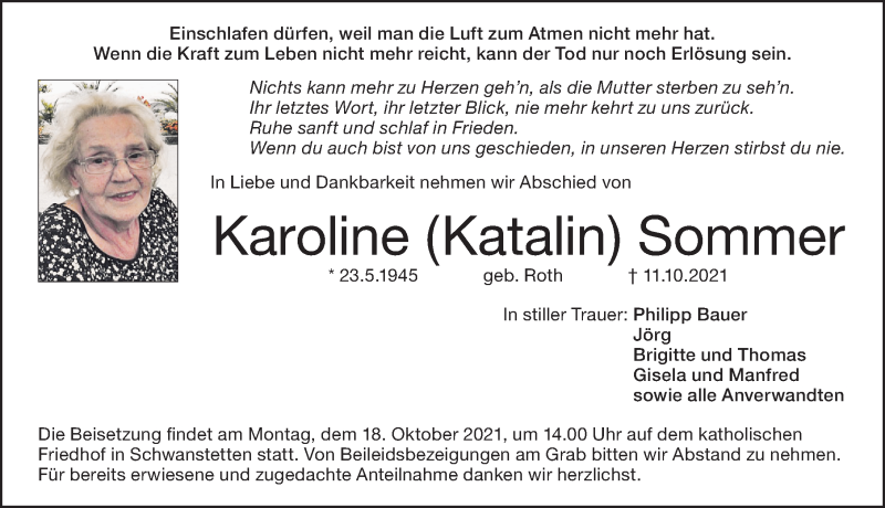  Traueranzeige für Karoline Sommer vom 15.10.2021 aus Schwabacher Tagblatt Lokal