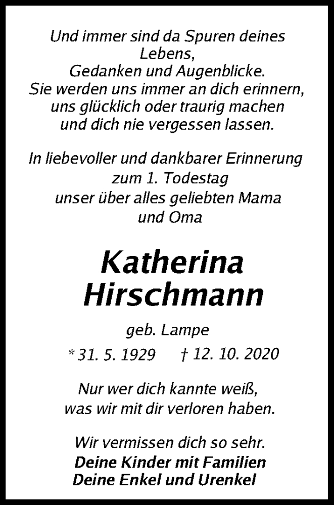  Traueranzeige für Katherina Hirschmann vom 12.10.2021 aus Fürther Nachrichten Lokal
