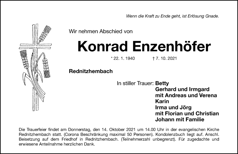  Traueranzeige für Konrad Enzenhöfer vom 11.10.2021 aus Schwabacher Tagblatt Lokal
