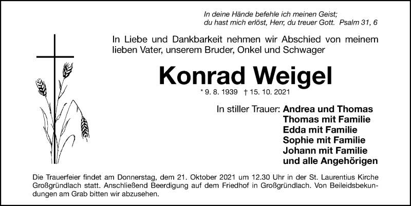  Traueranzeige für Konrad Weigel vom 19.10.2021 aus Gesamtausgabe Nürnberger Nachrichten/ Nürnberger Ztg.
