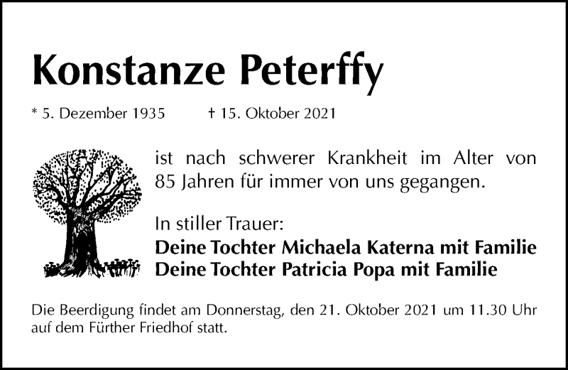  Traueranzeige für Konstanze Peterffy vom 18.10.2021 aus Fürther Nachrichten Lokal