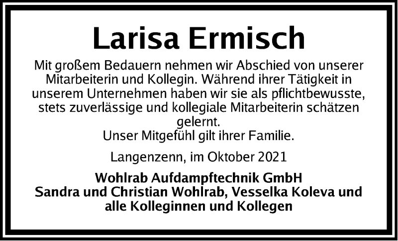  Traueranzeige für Larisa Ermisch vom 13.10.2021 aus Fürther Nachrichten Lokal