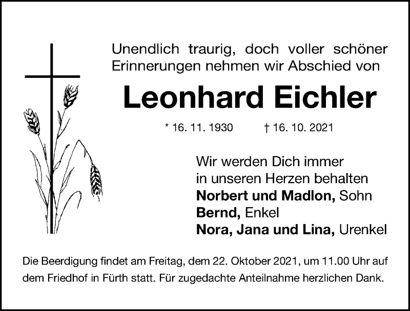  Traueranzeige für Leonhard Eichler vom 20.10.2021 aus Gesamtausgabe Nürnberger Nachrichten/ Nürnberger Ztg./ Fürther Nachrichten