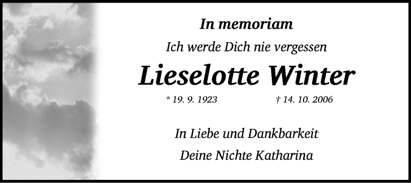  Traueranzeige für Lieselotte Winter vom 14.10.2021 aus Gesamtausgabe Nürnberger Nachrichten/ Nürnberger Ztg.