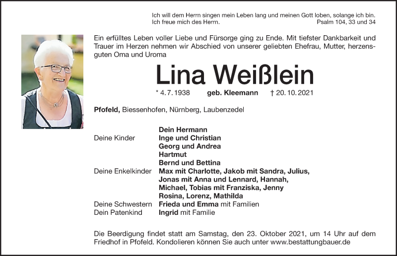  Traueranzeige für Lina Weißlein vom 22.10.2021 aus Altmühl-Bote Lokal
