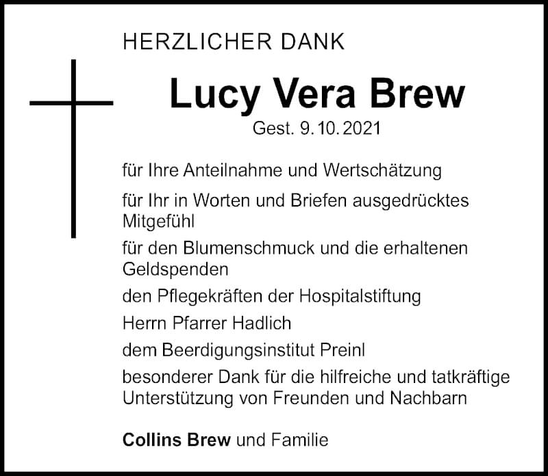  Traueranzeige für Lucy Vera Brew vom 30.10.2021 aus Windsheimer Zeitung Lokal