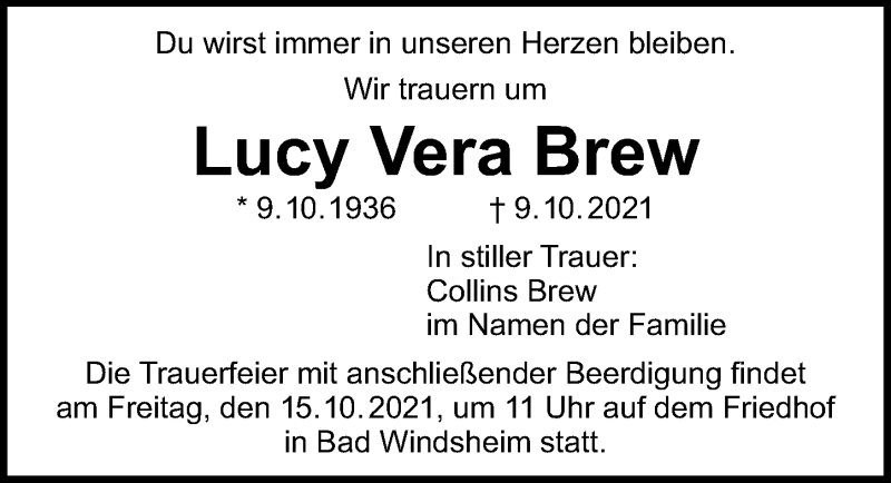  Traueranzeige für Lucy Vera Brew vom 13.10.2021 aus Windsheimer Zeitung Lokal