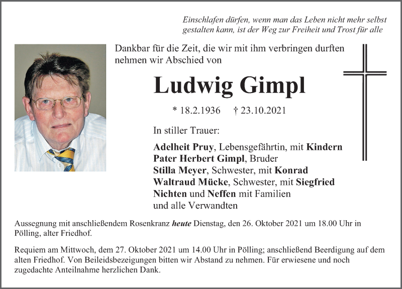  Traueranzeige für Ludwig Gimpl vom 26.10.2021 aus Neumarkter Nachrichten Lokal