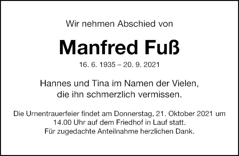  Traueranzeige für Manfred Fuß vom 16.10.2021 aus Gesamtausgabe Nürnberger Nachrichten/ Nürnberger Ztg.