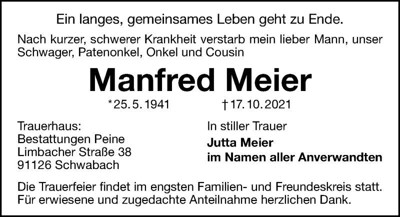  Traueranzeige für Manfred Meier vom 21.10.2021 aus Schwabacher Tagblatt Lokal
