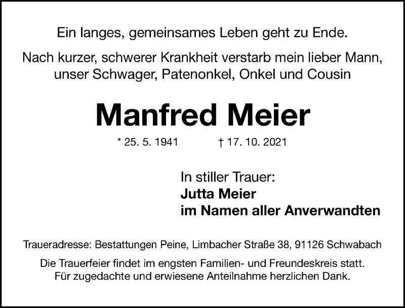  Traueranzeige für Manfred Meier vom 23.10.2021 aus Gesamtausgabe Nürnberger Nachrichten/ Nürnberger Ztg./ Schwabach