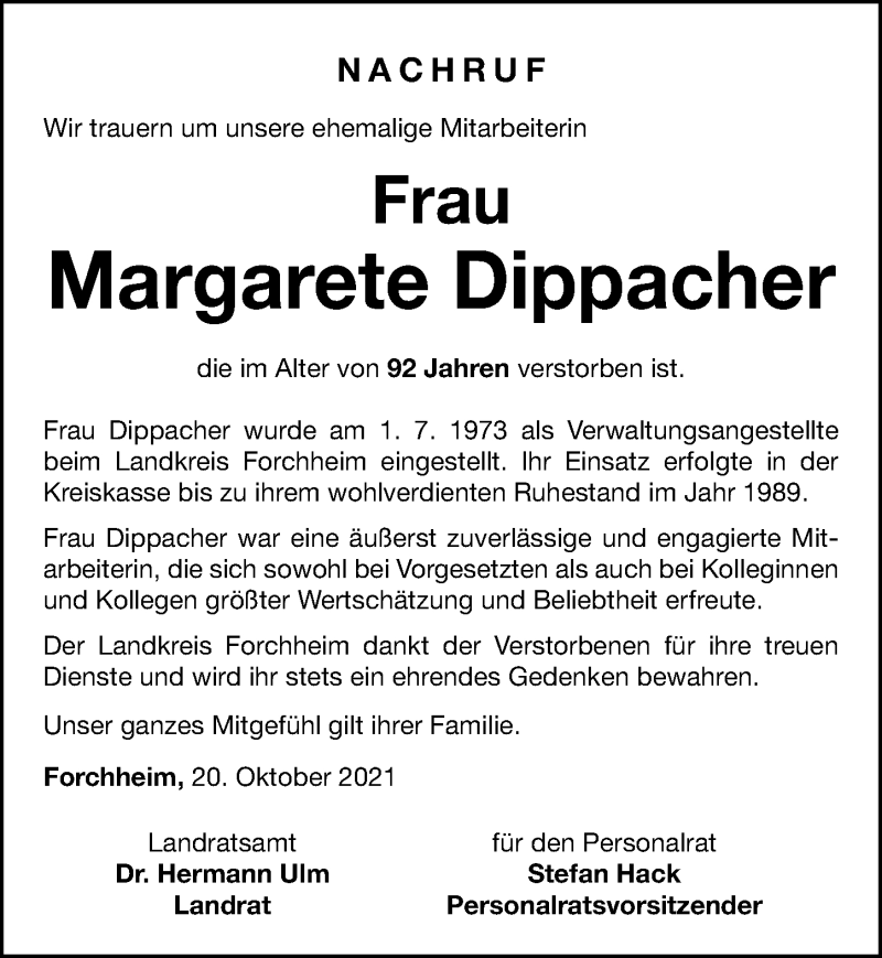  Traueranzeige für Margarete Dippacher vom 21.10.2021 aus Nordbayerische Nachrichten Forchheim Lokal