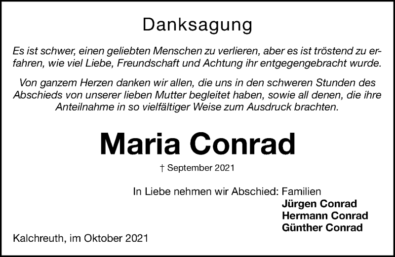  Traueranzeige für Maria Conrad vom 02.10.2021 aus Gesamtausgabe Nürnberger Nachrichten/ Nürnberger Ztg.