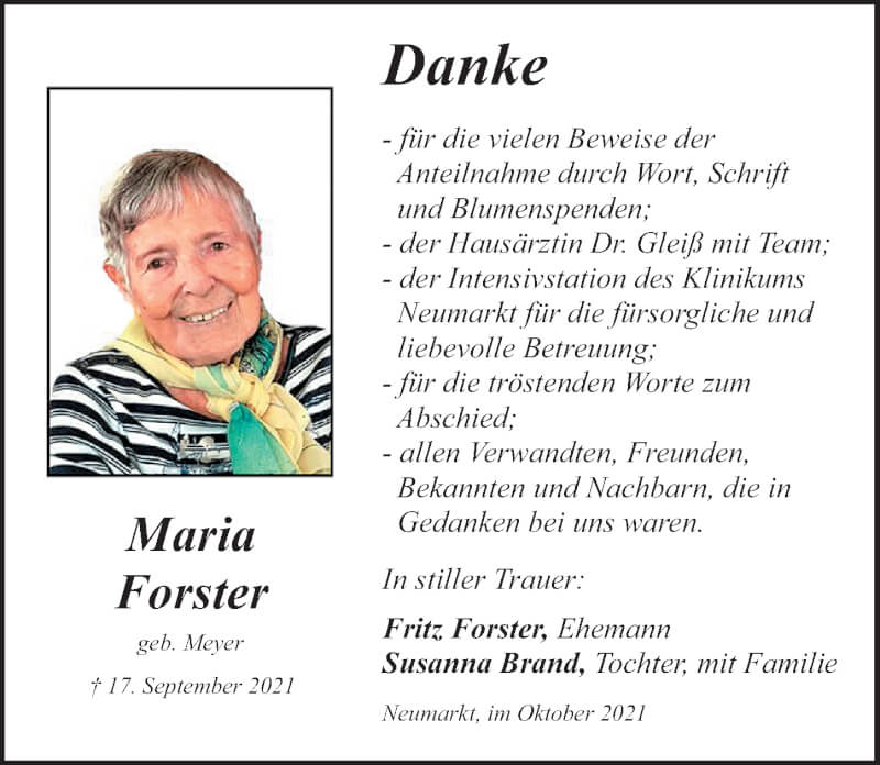  Traueranzeige für Maria Forster vom 16.10.2021 aus Neumarkter Nachrichten Lokal