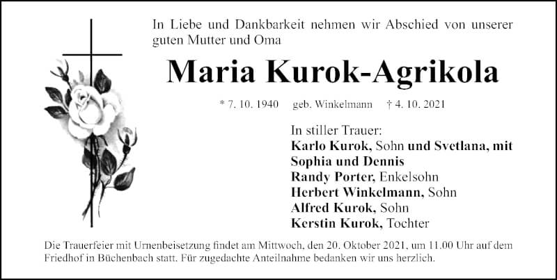  Traueranzeige für Maria Kurok-Agrikola vom 16.10.2021 aus Erlanger Nachrichten Lokal