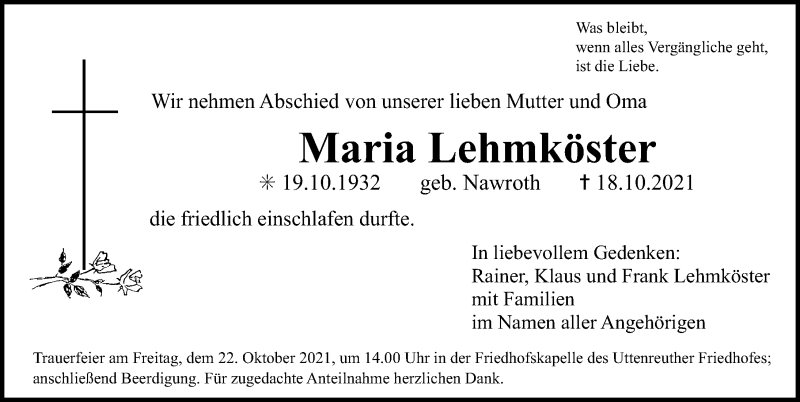  Traueranzeige für Maria Lehmköster vom 20.10.2021 aus Erlanger Nachrichten Lokal