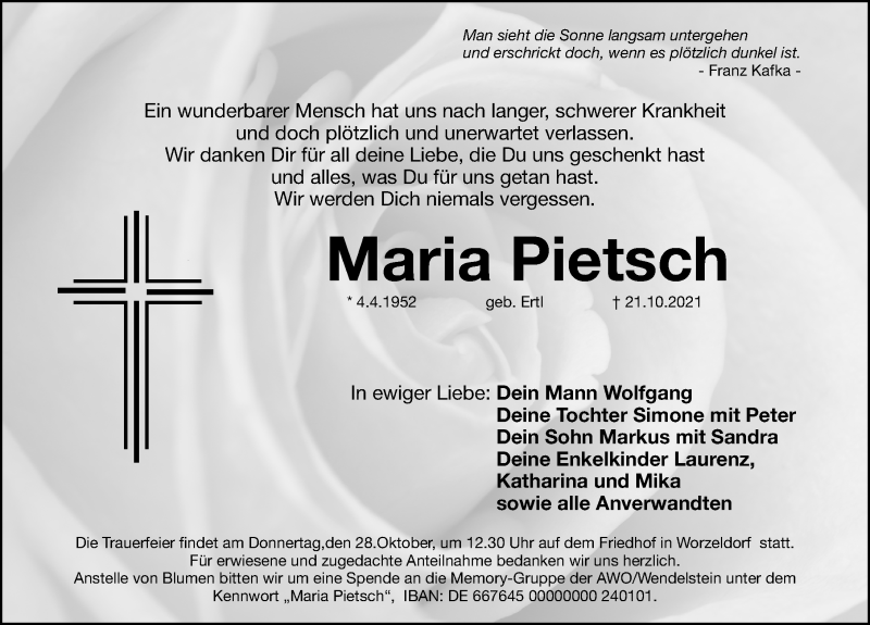  Traueranzeige für Maria Pietsch vom 26.10.2021 aus Gesamtausgabe Nürnberger Nachrichten/ Nürnberger Ztg.