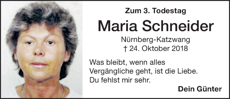  Traueranzeige für Maria Schneider vom 23.10.2021 aus Schwabacher Tagblatt Lokal