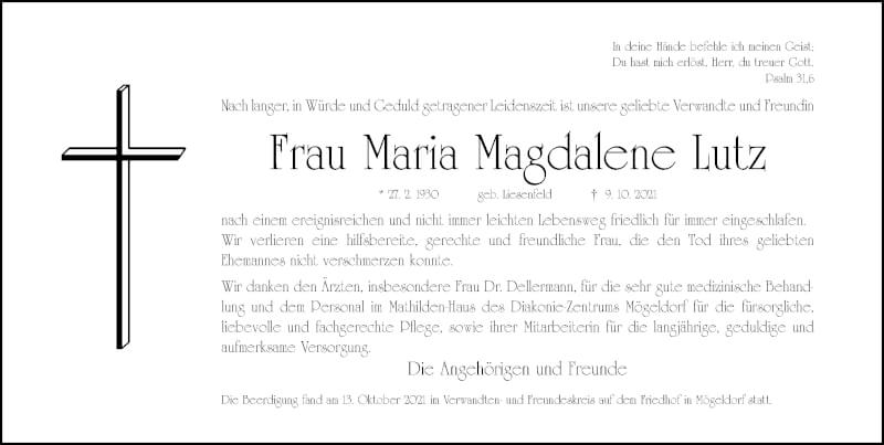  Traueranzeige für Maria Magdalene Lutz vom 16.10.2021 aus Gesamtausgabe Nürnberger Nachrichten/ Nürnberger Ztg.