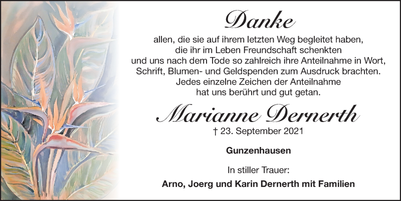  Traueranzeige für Marianne Dernerth vom 13.10.2021 aus Altmühl-Bote Lokal