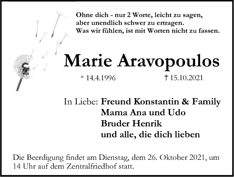  Traueranzeige für Marie Aravopoulos vom 23.10.2021 aus Erlanger Nachrichten Lokal