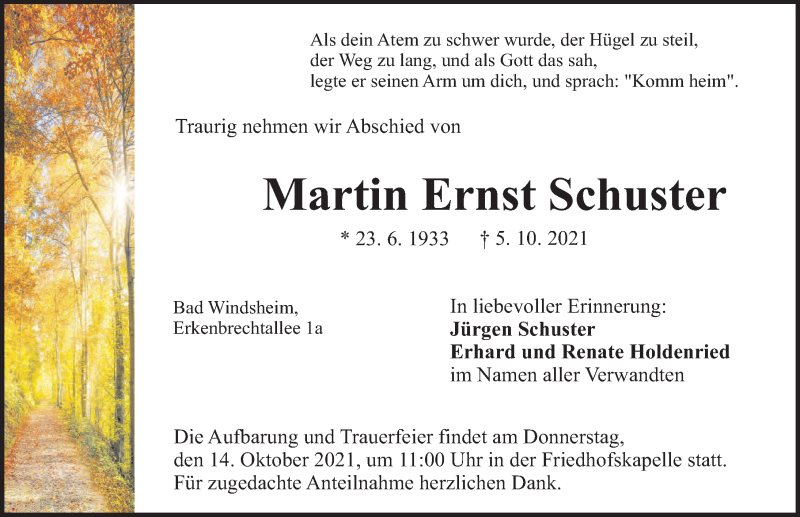  Traueranzeige für Martin Ernst Schuster vom 12.10.2021 aus Windsheimer Zeitung Lokal