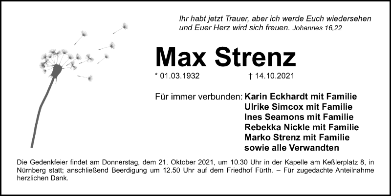  Traueranzeige für Max Strenz vom 19.10.2021 aus Fürther Nachrichten Lokal