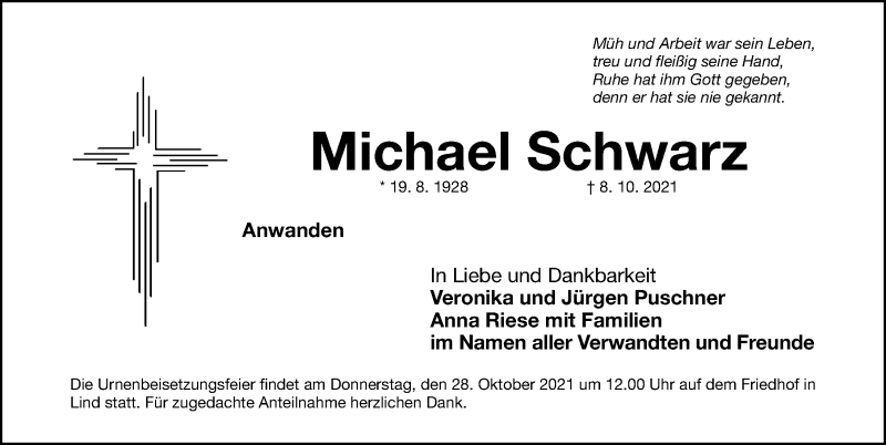  Traueranzeige für Michael Schwarz vom 26.10.2021 aus Fürther Nachrichten Lokal