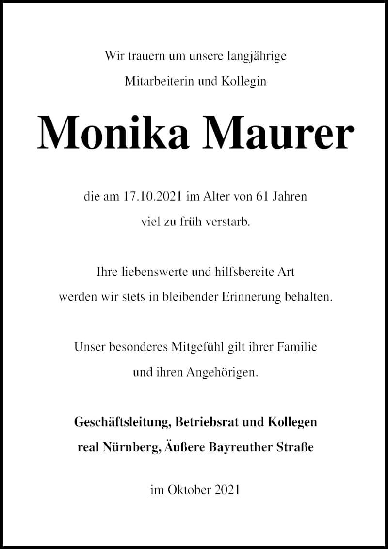  Traueranzeige für Monika Maurer vom 30.10.2021 aus Gesamtausgabe Nürnberger Nachrichten/ Nürnberger Ztg.