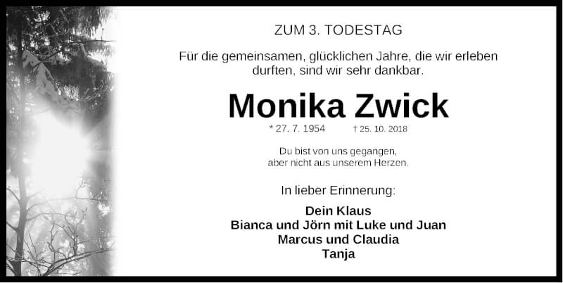  Traueranzeige für Monika Zwick vom 25.10.2021 aus Gesamtausgabe Nürnberger Nachrichten/ Nürnberger Ztg./ Fürther Nachrichten