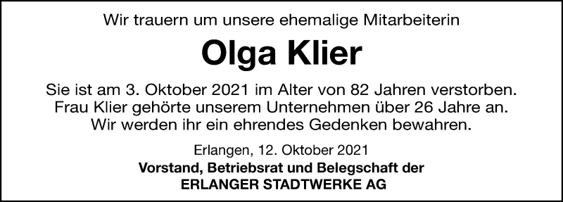  Traueranzeige für Olga Klier vom 12.10.2021 aus Erlanger Nachrichten Lokal