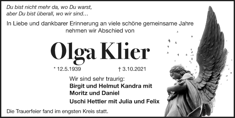  Traueranzeige für Olga Klier vom 11.10.2021 aus Erlanger Nachrichten Lokal