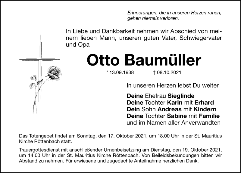  Traueranzeige für Otto Baumüller vom 15.10.2021 aus Nordbayerische Nachrichten Herzogenaurach Lokal