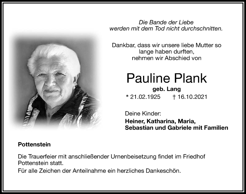  Traueranzeige für Pauline Plank vom 20.10.2021 aus Nordbayerische Nachrichten Pegnitz Lokal